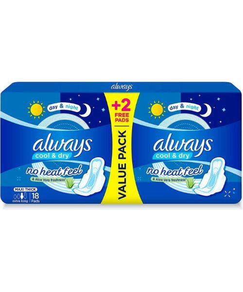 Always Pads No Heat Feel Pads Cool And Dry Aloe Vera Freshness Extra Long - 18 Pieces