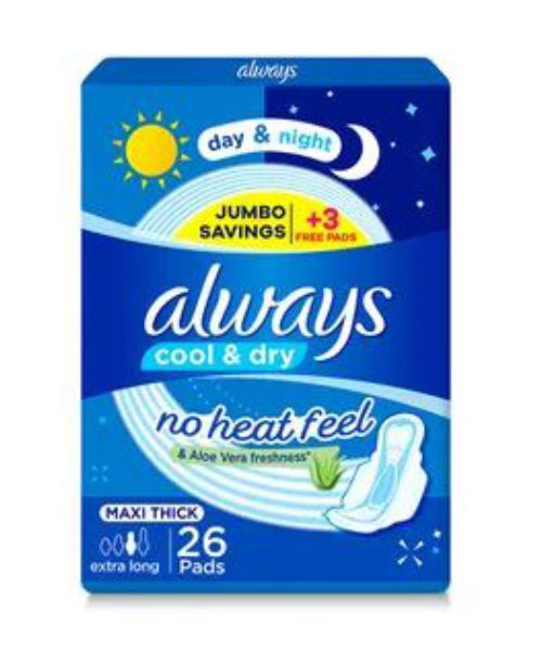 Always Day And Night Cool And Dry Jumbo 3In1Sanitary Pads With Wings Maxi Thick Long - 26 Pieces