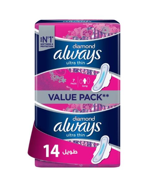 Always Diamond Ultra Thin Value Pack Sanitary Pads Thin Long - 14 Pieces