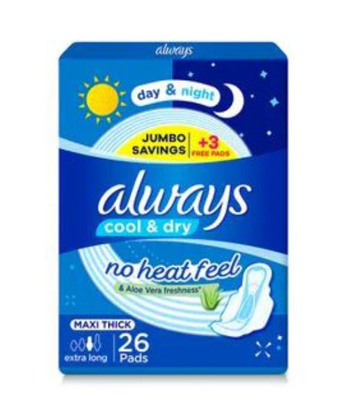 Always Day And Night No Heat Feel Cool And Dry Jumbo 3In1 Maxi Sanitary Pads With Wings Thick Long - 26 Pieces