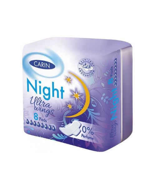 Carin Sanitary Pads Night Ultra Wings 0% Perfume - 8 Pieces