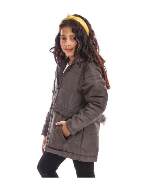 Andora Side Pockets hooded Zipper winter Ruffle Jacket Maxi For Girls - Dark Grey
