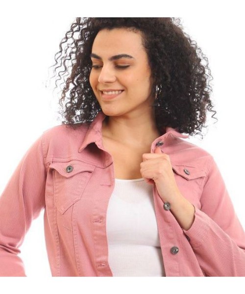 Andora Pockets Midi Length winter Jacket Plain Buttoned Denim For Women - Rose