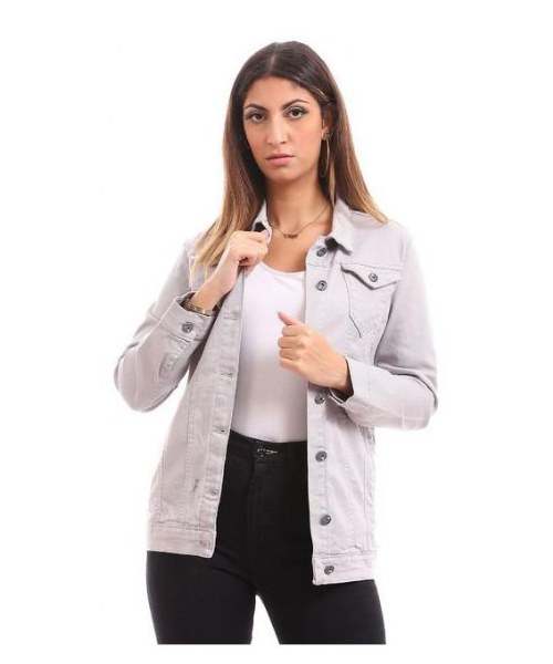 Andora winter Denim Jacket Pockets Midi Length For Women - Light Grey
