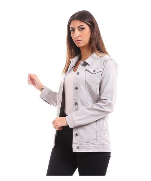 Andora winter Denim Jacket Pockets Midi Length For Women - Light Grey