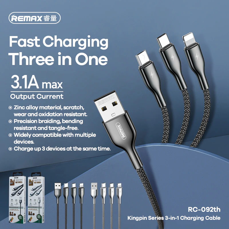 Remax Rc-092Th Charging Cable 3- In-1 Multi Use - Silver