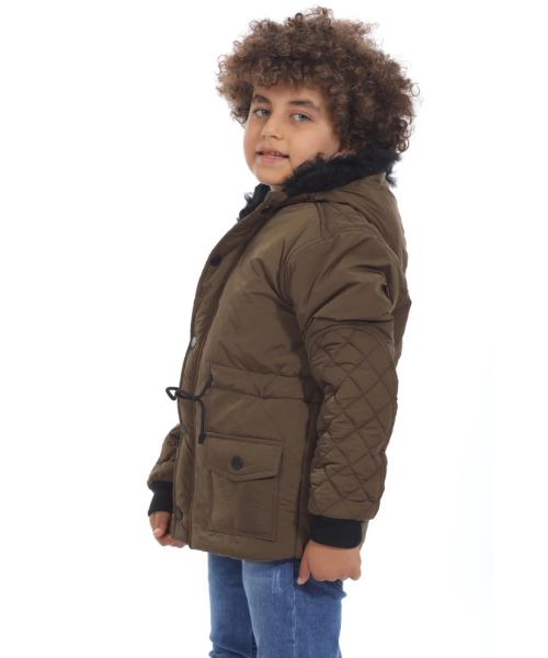 Ktk Winter Zip Up hooded Pockets Jacket For Boys - Brown