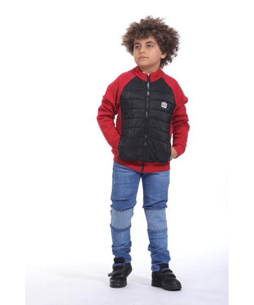 Ktk Winter Zip Up Pockets Jacket For Boys - Red Black