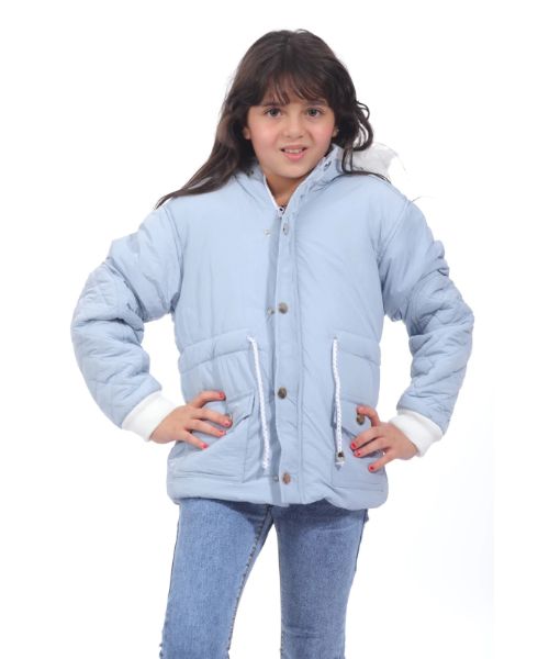 Ktk Winter Zip Up Pockets Jacket For Girls - Light Blue