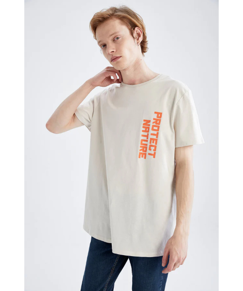Defacto Short Sleeve Round Neck Cotton T-Shirt For Men - Beige