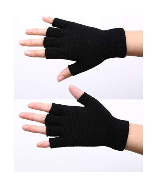 Winter Half Finger Wool Gloves For Men - Black