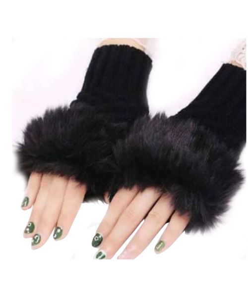 Winter Fingerless Wool With Fur Gloves For Women - Black