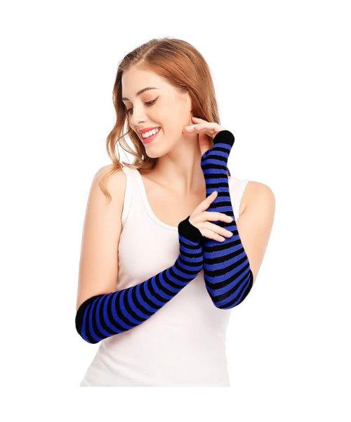 Fingerless Long Arm Gloves For Women - Black Blue