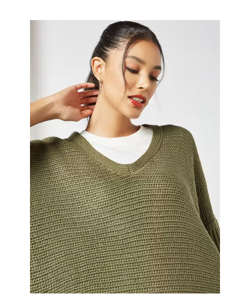 NOISY MAY Basic V Neck Three Quarter Pullover For Women - Green