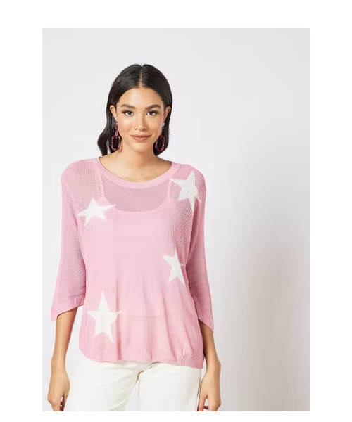 LABEL RAIL Star Print Round Neck Three Quarter Sleeve Pullover For