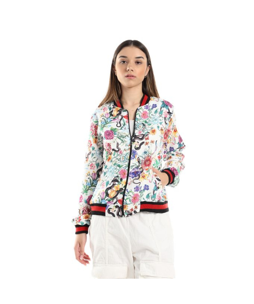 Punto D'Oro Full Sleeve Round Neck Printed Sweatshirt With Zip Up For Women - Off White