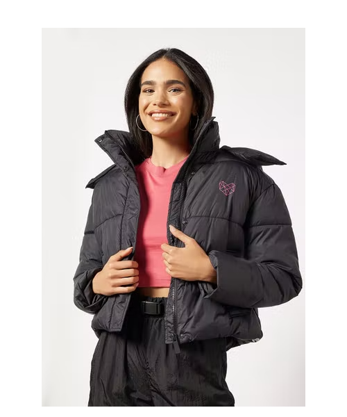 Lucht Continent Riskant Pink Soda Hodded Zipper Short Lax Padded Jacket For Women - Black