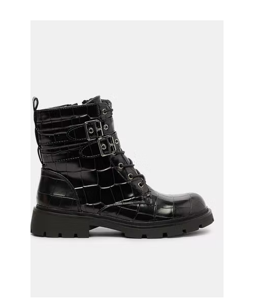 JB Collection Mid Leather Casual Boot With Buckle For Women - Black