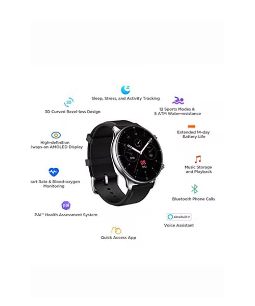 Amazfit GTR 2 Smartwatch with 3D Curved Bezel-less Design Classic Edition Obsidian - Black