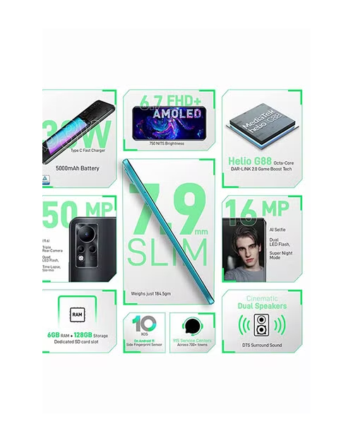 Infinix smartphones-6 Dual SIM 4G LTE 128 GB 6 GB Smart Phone - Glacier Green X663B