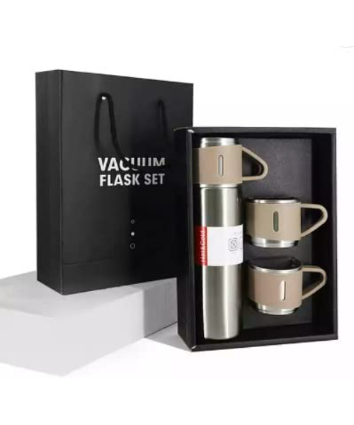 1 Set Silver Vacuum Water Bottle With 3 Cups Gift Box, Vacuum