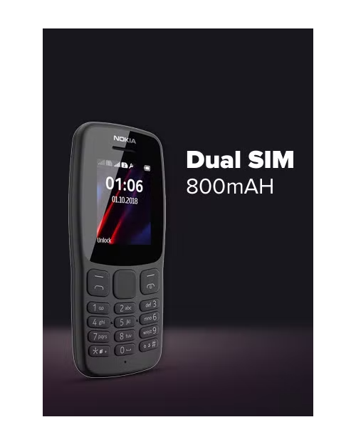 هاتف خلوي بشريحتين و ذاكرة داخلية 4 ميجابايت شاشة 1.8 انش شبكة جي اس ام من نوكيا - رمادي غامق Nokia 106