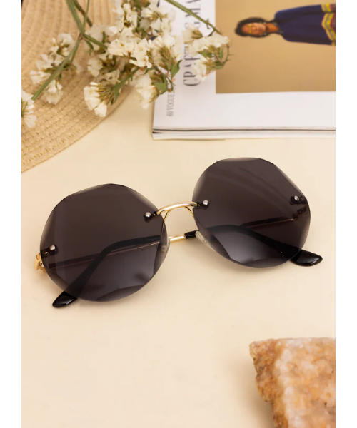 Rimless Diamond Cutting Lens Eye Sunglasses UV400 Protection Oversized For Women - Black