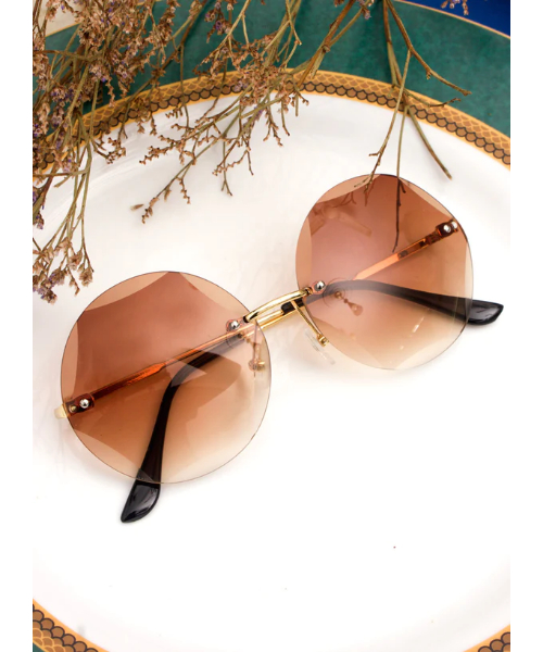 Rimless Diamond Cutting Lens Eye Sunglasses UV400 Protection Oversized For Women - Brown