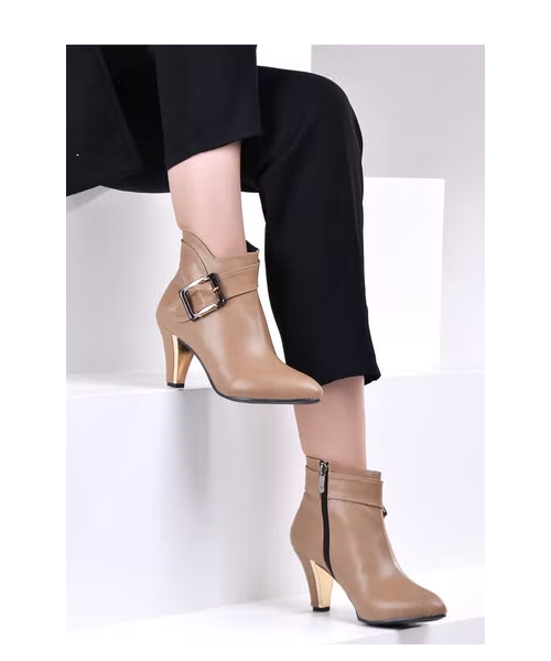 LIFESTYLISH Buckle Medium Heel Zipper Leather Ankle Boots For Women - Beige