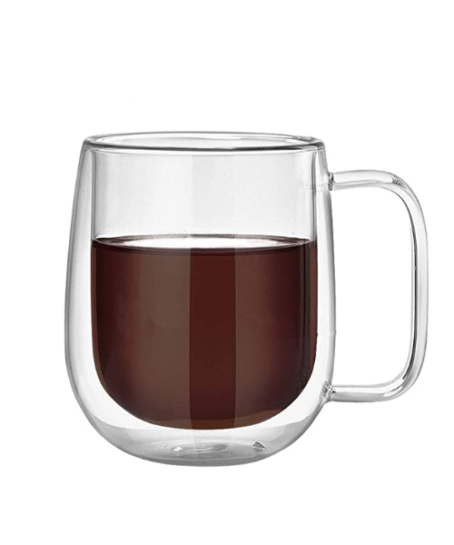 Double Layer Walled Transparent Glass Coffee / Tea Mugs With Lid