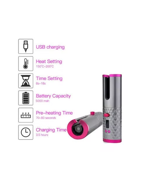  Cordless Electric Rechargeable Cordless Automatic Hair Curler For Women - Black Pink -06 
