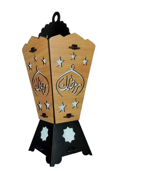 Ramadan Lantern Wood Laser Engraving Stars For Decoration - Beige Black 40 Cm