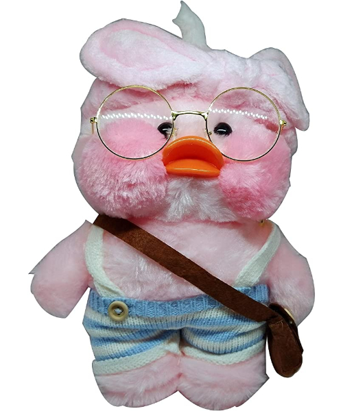 Stuffed Plush Doll Cheeked Duck Abu El Khudood With Blue Jumpsuit For Girls - Pink