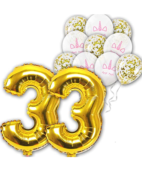 Set Of 12 Pieces Unicorn Design Balloons Number 33 And Ribbons For