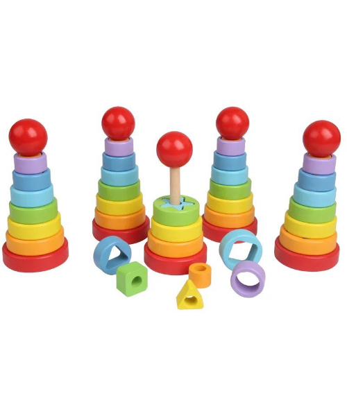 لعبة الاعمدة والحلقات من الخشب للاطفال - متعدد الألوان