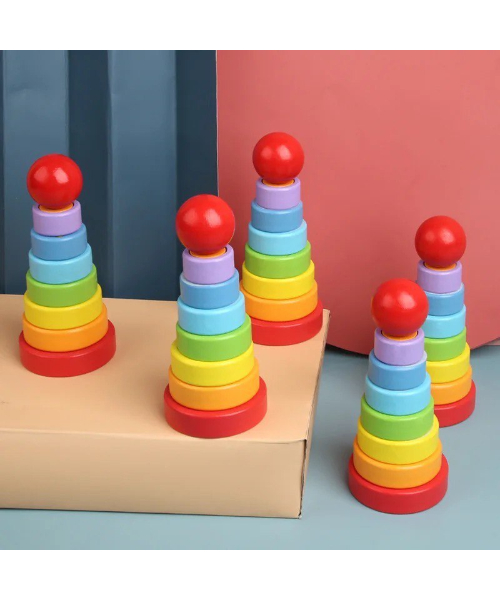 Wooden Columns And Rings Game For Kids - Multicolor