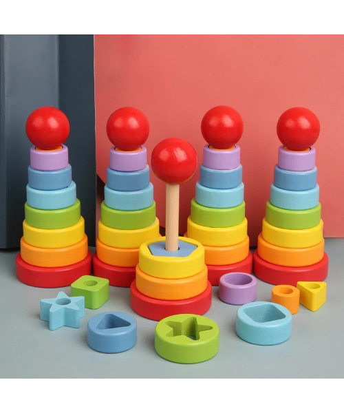 لعبة الاعمدة والحلقات من الخشب للاطفال - متعدد الألوان