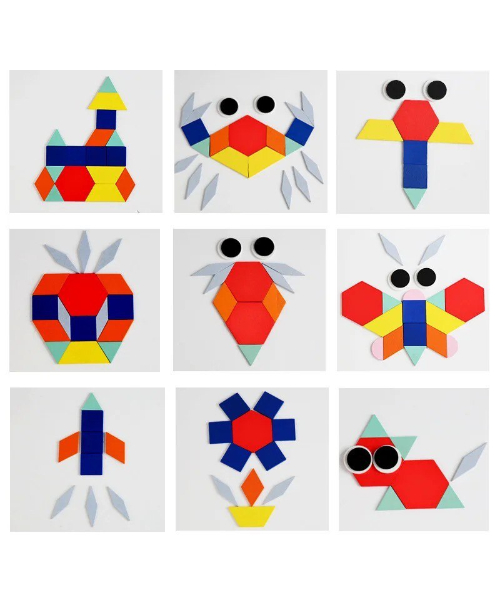 لعبه مكعبات خشبية بأشكال هندسية مع بطاقات تصميم للأطفال - متعدد الألوان