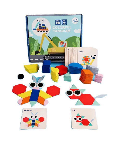 Wooden Pattern Blocks Geometric Shapes With Design Cards Game For Kids - Multicolor