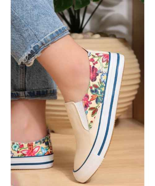 Flat Casual Shoes Printed Floral For Women - Beige