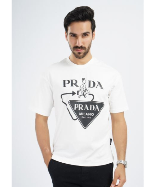 Prada Brand T shirt White Prada T shirt Short-Sleeve Cotton T shirt for Men  –