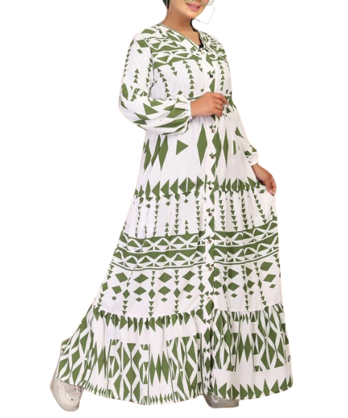 Printed Full Sleeve V Neck Maxi Dress For Women - White Green