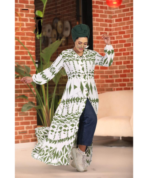 Printed Full Sleeve V Neck Maxi Dress For Women - White Green