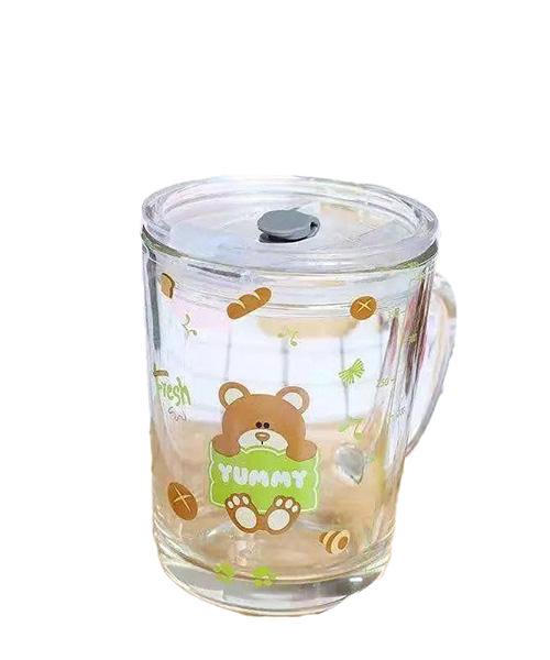 Printed Teddy bear Measuring Glass Mug With Straw And Cover 350 Ml