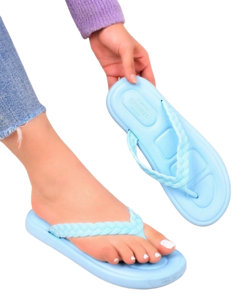 Flip Flop Slipper With Thin Braided Straps For Women - Light Blue