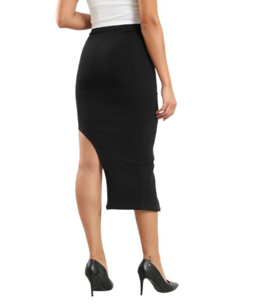 OR Solid High Waist Midi Skirt For Women - Black