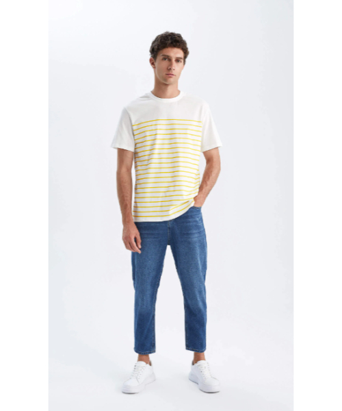 Defacto Striped Round Neck Short Sleeve Cotton T-Shirt For Men - White Yellow