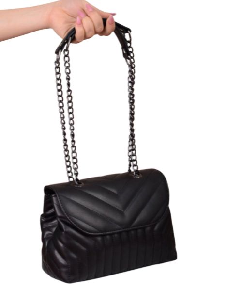 Solid Flap Shoulder Bag With Chain Hand Faux Leather For Women 18×25 Cm -  Black