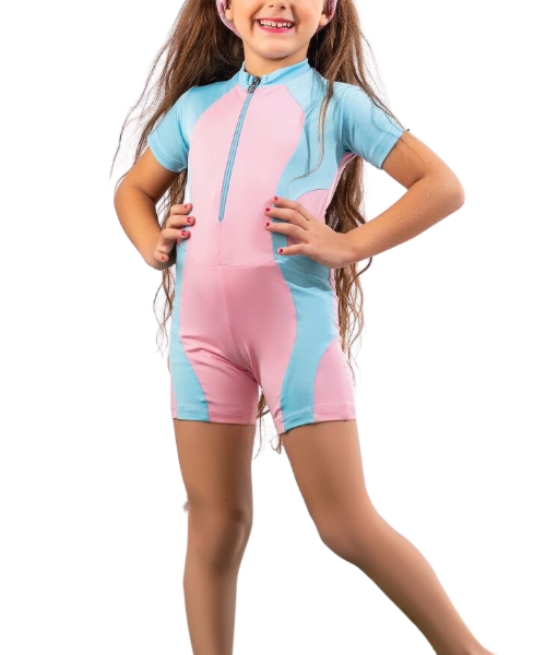 Solid Waterproof Zip Up Swimsuit For Girls - Light Blue Pink
