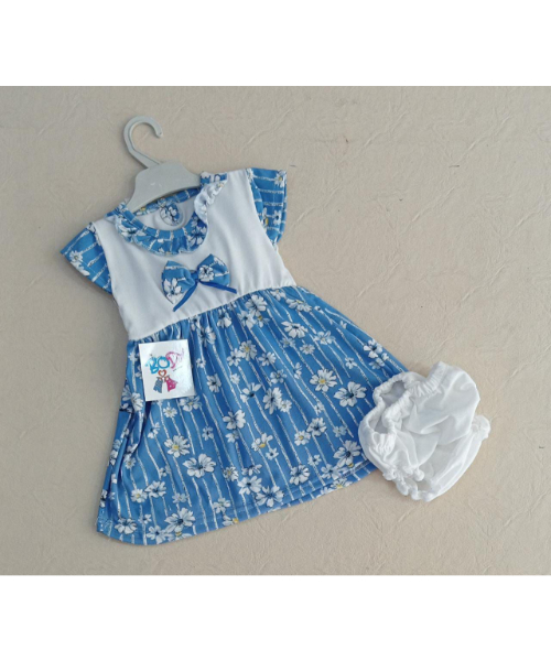 Cotton Short Sleeve Round Neck Floral Print Dress with Panty For Baby - White Blue 